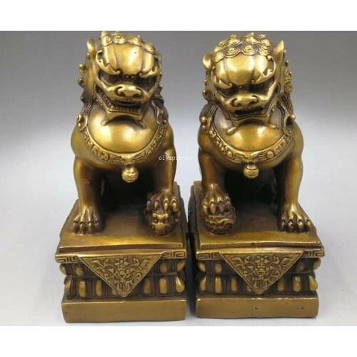 Pair Copper brass carved auspicious beast exorcise evil spirits foo dog lion