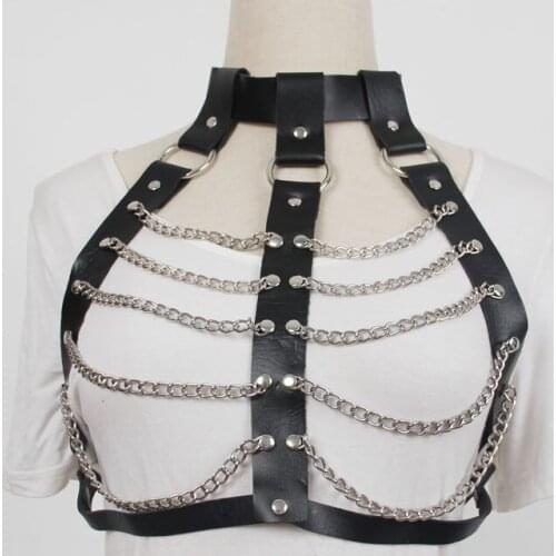 PU Leather Harness Bra Belts Women Multi-Layers Metal ChainBody Bondage Cage Garter BDSM Belt Punk Gothic Straps Waist Belt 2021