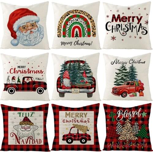 Christmas Cushion Cover 45*45 Pillowcase Linen Sofa Cushions Pillow Cases Red Black Plaid Printed Pillow Covers Home Decor