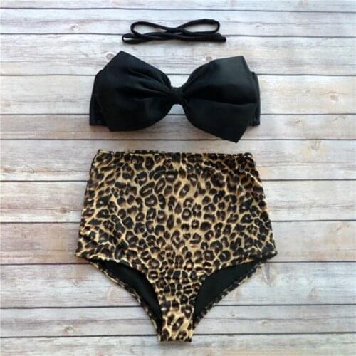 Sexy Leopard Bikini Push Up Padded Bra Lace Up Bow Bandeau Bikini Set Women Beach Bathing Suits High Waist Swimsuit Plus Size
