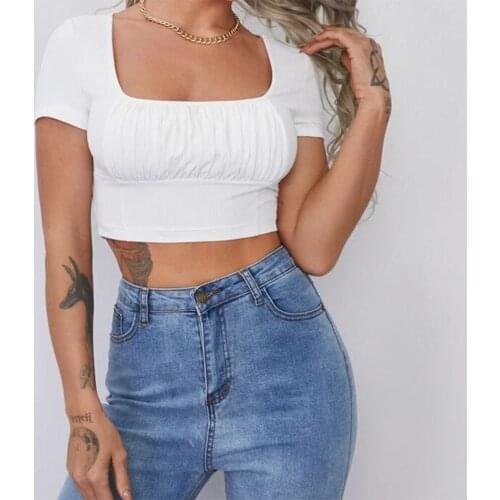 Sexy Knitted Ribbed Pleated T Shirts For Women Square Collar Short Sleeve Slim Stretch Tshirt Crop Tops Patchwork Club Clothes