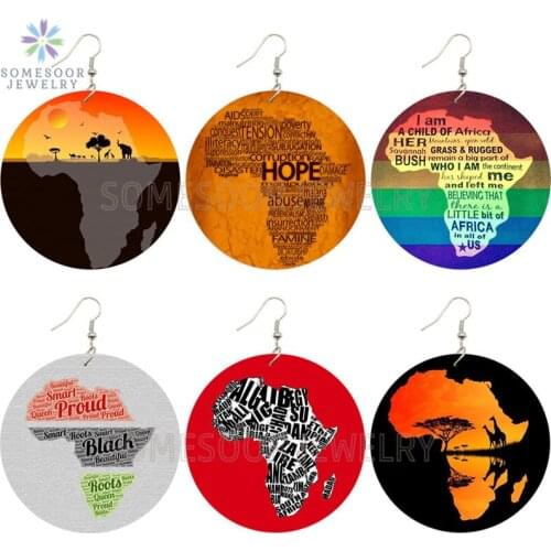 SOMESOOR Colorful Black Roots African Motherland Map Wooden Drop Earrings AFRO HOPE Sayings Eco Designs Jewelry For Women Gifts