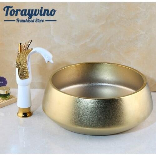 Torayvino Bathroom Art Wash basin Set Gold Hand-made Ceramic Basin Faucets Luxury Swan Shape Tap Deck Mounted Mixer Set