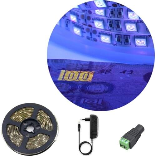 12V Ultraviolet UV LED Blacklight Strip ip65 Waterproof tape Night Fishing 395nm 60leds/m 5050 SMD LED Strip Lights+Power Supply