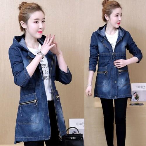 2021 Autumn Fashion Hooded Medium Long Denim Jacket Womens Clothing Waist Closed Slim Versatile Print Zippers Jaqueta Feminina