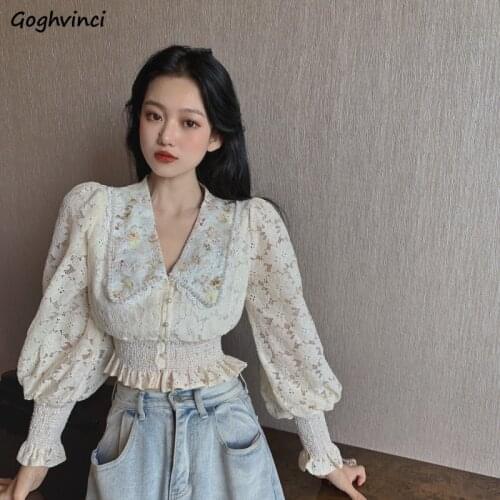 Shirts Women V-neck Lace Puff Sleeve Hollow Out Solid Chic Womens Sweet Wear All-match Elegant Simple Korean Style Fashion New