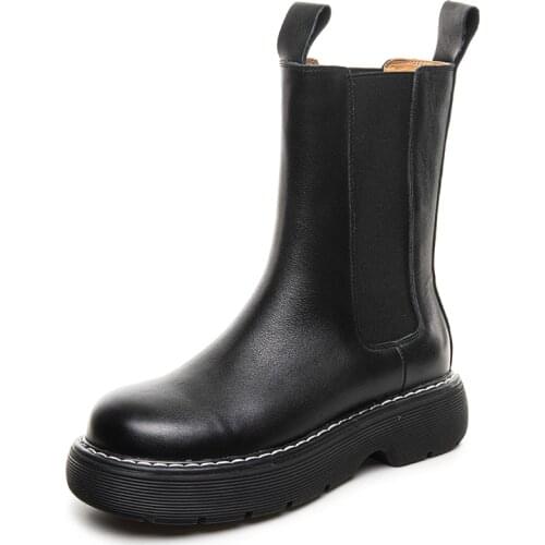 New Luxury Genuine Leather Chelsea Boots Women Ankle Boots Chunky Platform Ankle Boots Slip on Chunky Heel Boot Brand Designer