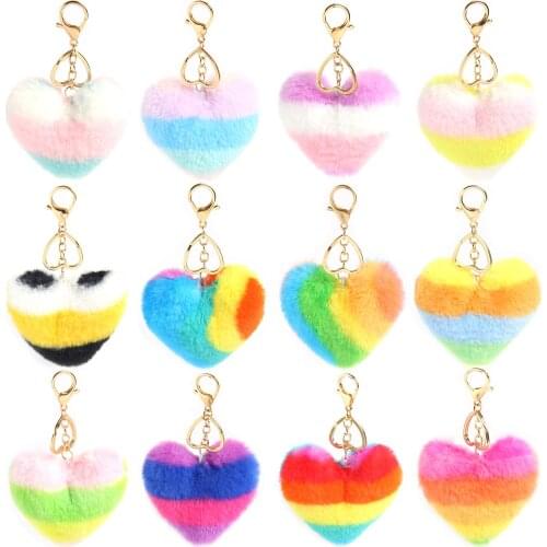 Love Heart Keychains Womens Pom Poms Faux Rex Rabbit Fur Ball Key Chains Girl School Bag Hang Car Key Ring Pendant