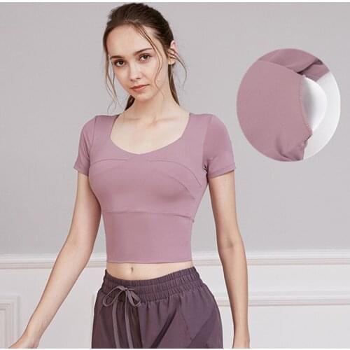 Gym Yoga Shirts Cropped Tops Women Sports Workout Short Sleeve Quick Dry Fitness Training Jogging Sportswear With Chest Padded