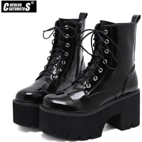 Cuculus New Arrival 2021 Woman Lace Autumn Boots Womens Ladies Chunky Wedge Platform Black Patent Leather Ankle Boots Punk Goth