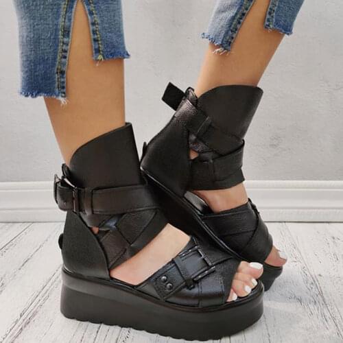 New Black Gothic Style Leisure Dropship 2021 Wholesale Cosy Summer Wedges Sandals Woman Casual Platform Shoes Size 43