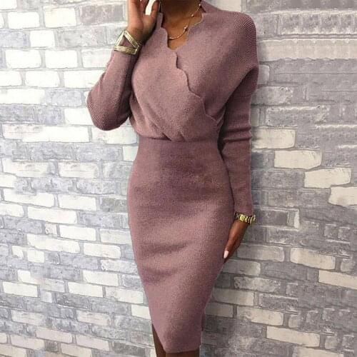 Spring/Autumn Women Lace V Neck Solid Color Long Sleeve Bodycon Knee-length Party Dress For Women 2021 Elegant Wedding