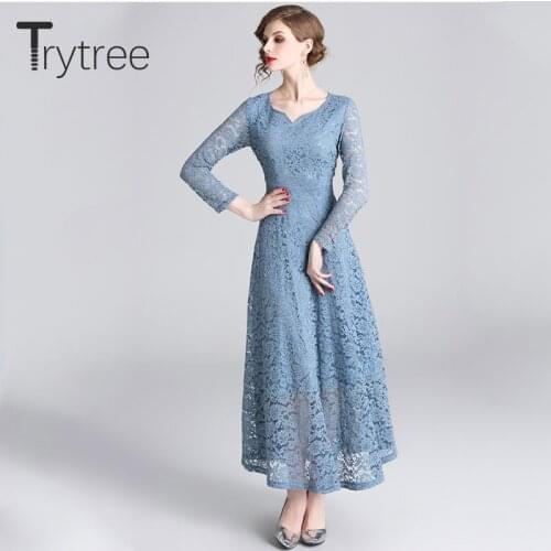 Trytree Summer Autumn Elegant Casual Blue Dress V-neck Lace Floral Polyester women dresses Ankle-Length Office Lady A-line Dress