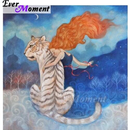 Ever Moment Diamond Painting Picture Of Rhinestone White Tiger Red Hair Girl Full Square Drill Decor Diamond Embroidery ASF1837