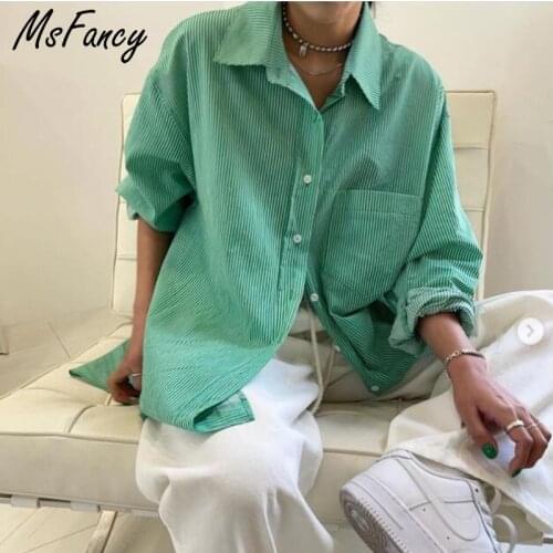 Msfancy Green Striped Blouse Women 2021 Fashion Long Sleeve Pocket Oversized Chemise Femme Plu Size Casual Tops