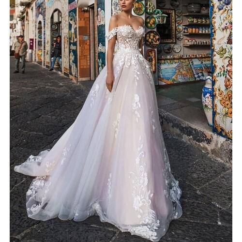 Elegant Lace with Tulle Wedding dress A-line Boho Bridal Gown off the shoulder lace up vestido de noiva backless Plus size