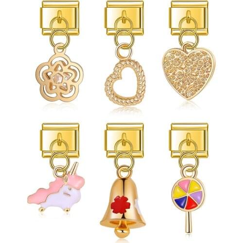 Hapiship 2021 Fashion Romantic Gold Heart Flower Lollipop Charm Links Fit 9mm Bracelet Stainless Steel Jewelry DIY Making DJ408