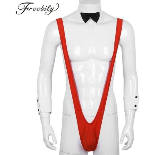 Hot Novelty Men Mankini Thong Underwear Sexy Waiter Costume Suspender Bodysuit Strap Thongs G-string Bodysuit+Bowtie+Cuffs