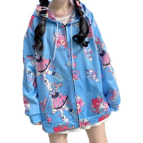 Autumn Women Harajuku Anime Print Hoodie Zip Up Fashion Streetwear Teenagers Kawaii Hooded Sweatshirts Plus Pocket Moletom