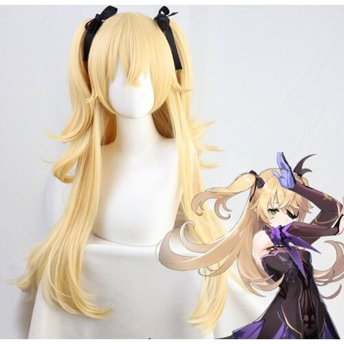 Genshin Impact Fischl Cosplay Wig Blonde Twin Curly Ponytails Golden Straight Heat Resistant Synthetic Hair Wigs + Wig Cap