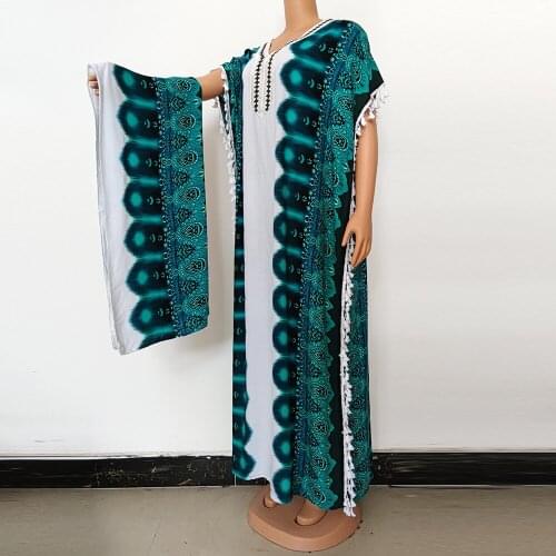 African Dashiki Print Maxi Dress For Women Patchwork Cotton Dresses Dubai Batwing Sleeve Evening Gown Tassel Clothes