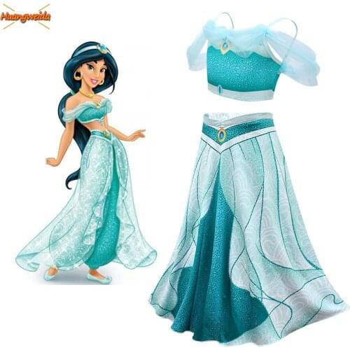 Jasmine Dresses Girls Belly Dancer Princess Dress Aladdin Lamp for Girl Halloween Costume for Kids Top&Skirts Carnival Gift