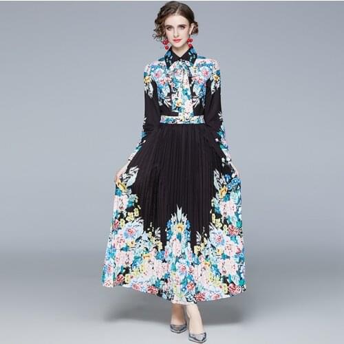 Long Sleeve Shirt Dress Long Printed Fashion Pleated Dresses Printing Ankle-Length Regular Turn-down Collar Harujuku Maxi Dress