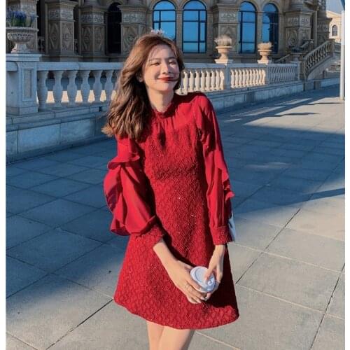 New Arrive Fashion Spring Chiffon Patchworking Womens Stand Collar Long Sleeve Ruffles White A Line Slim Holiday Dresses