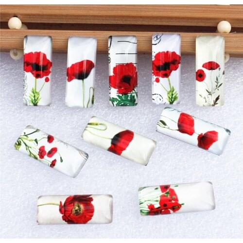 10x25mm Random Mixed Red Flowers Rectangle Glass Cabochon Dome Flatback Photo Tray Blank Base DIY Making Accessories 10pcs