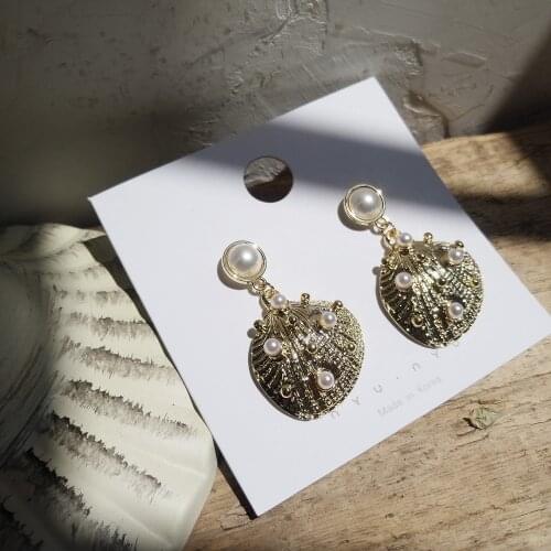 Rongho brand Pearl sector earrings for women brincos gold shell earring pendant femme bijoux