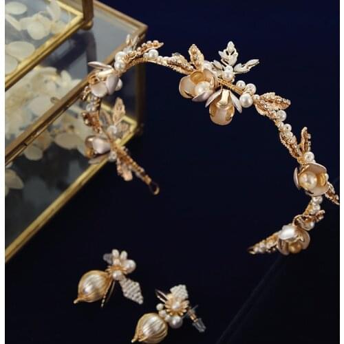 Handmade Gold Pearls Wedding Hair Accessory Soft Flower Bride Hairbands Tiaras with Earring Girls Headpieces Set