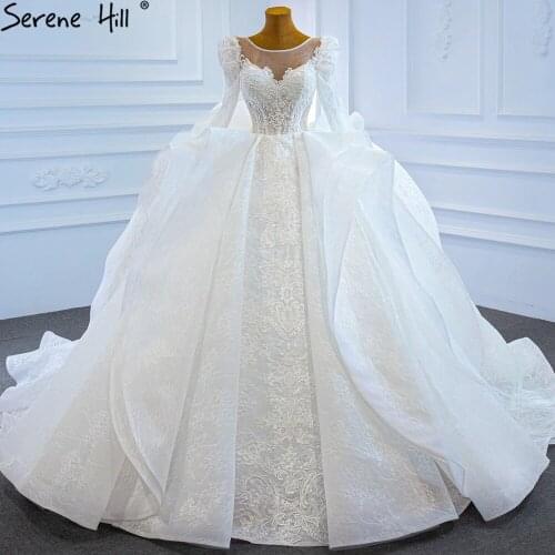Serene Hill Muslim White Luxury Wedding Dresses Gowns Beading Puff Sleeves Lace Up Bridal Dress 2021 HM67220