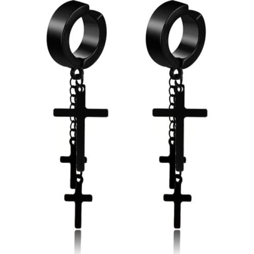 Punk Rock Titanium Steel No ear hole Earrings 3 Crosses Long Tassel Clip Earring Male Female Fashion Jewelry Black Silver Color