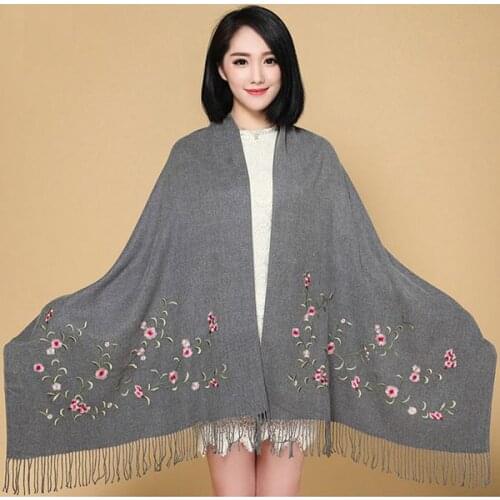 Gray Embroider Flower Scarf Ladies Winter Thickening Warm Tassels Shawl 100% Soft Pashmina Cashmere Shawl for Women