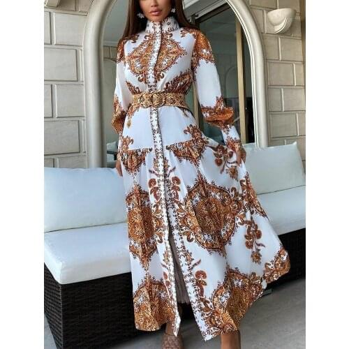 Shein Romwe 2021 Spring and Autumn New Scarf Print Button Stand Collar Front Belted Maxi Vestidos Casual Party Floral Dress