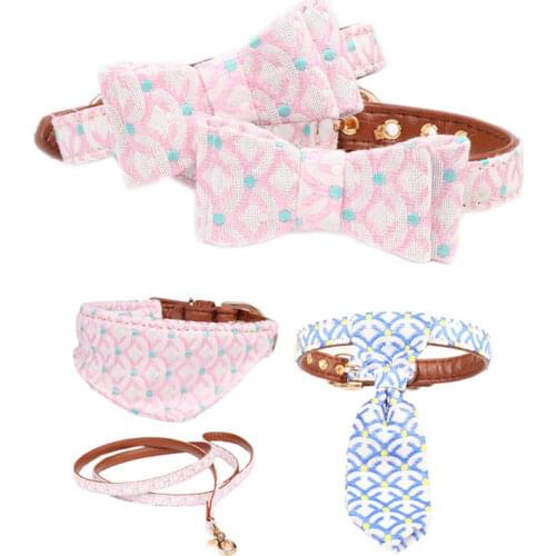 Pet Dog Collar and Leash Cat Bow Tie Bandana PU Leather Collier Personalized for Small Medium Dogs Teddy Chihuahua Pink Blue