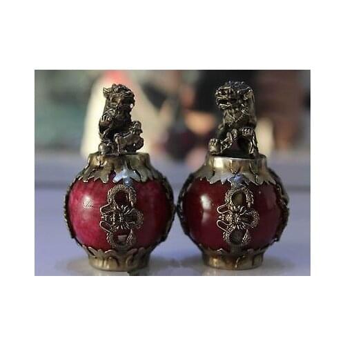 Old Tibet Silver Red Jade Dragon Phoenix Ball Foo Fu Dog Guardion Lion Pair Statue tools wedding Decoration Brass