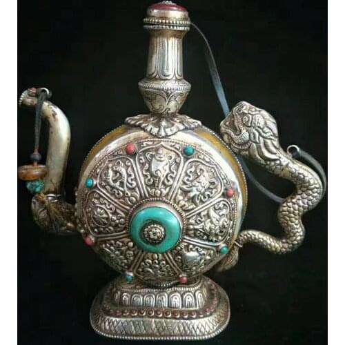 Antique QingDynasty silver & jade pot / jug 3, hand-carved crafts,Collection&Adornment,Free shipping