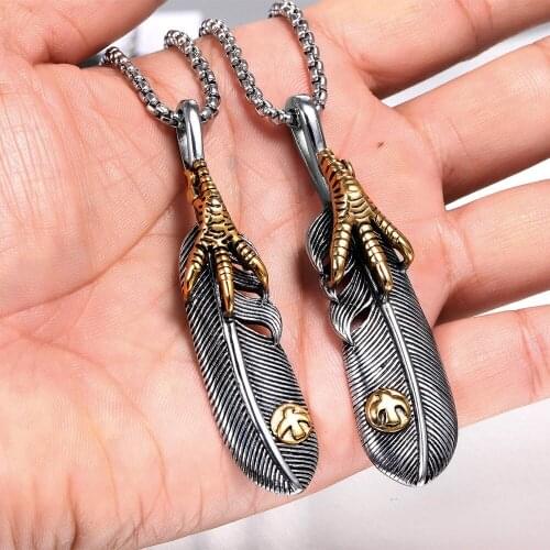 Vintage Goro Eagle Claw Feather Pendant Necklace Men Women Punk Hip Hop Biker Stainless Steel Goro Chain Necklace Jewelry