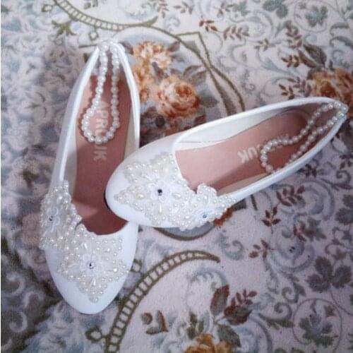 Plus size 41 42 43 flats wedding shoes woman ivory pearls ankle elastic beading band sweet brides bridal flower girl flats shoes