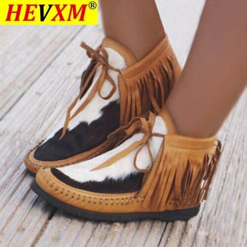 Women Tassel Ankle Boot Womens Sewing Warm Plush Short Boots Female Casual Lace Up Shoes Woman Round Toe Flats Plus Size 43