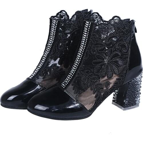 New Ladies Mesh Black Short Boots Women Summer Square Heel High Heel Boots Sandals Women Round Toe Lace Boots 2021