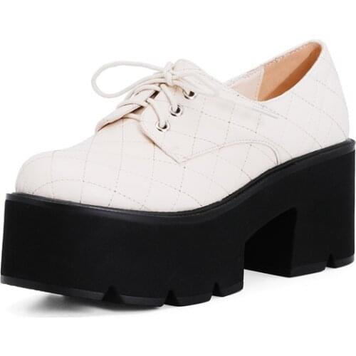 YMECHIC Women Shoes Thick-soled Lace-up Increase Beige Black 2021 Fashion Autumn Pu Leather Ladies Student Pumps Big Size 34-43