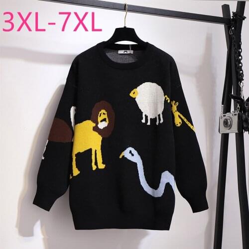 2020 autumn winter plus size pullover for women large long sleeve casual loose cartoon O neck knit sweater black 4XL 5XL 6XL 7XL
