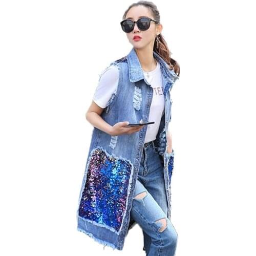 Sequins Denim Vest New Spring Summer Womens Vests Fashion Hole Sequined Sleeveless Jeans Jacket Large Size Jean Waistcoat