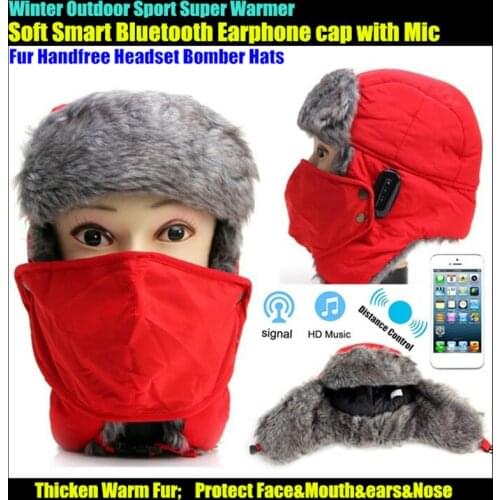 Winter Smart Bluetooth Hat Earphone Cap,Speaker Mic,Thicken Fur,Handfree Headset Bomber Hats,Warmer Face&Ear Outdoor Windproof