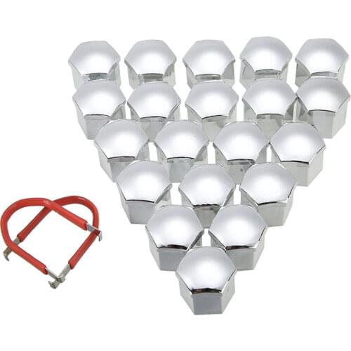 20pcs 19mm Car Alloy Wheel Nut Bolt Covers Caps Chrome Silver + 2pcs Clips Removal Tool