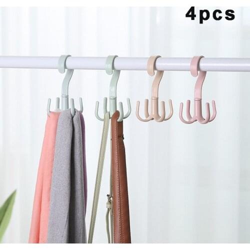 4pcs Creative Rotating Four-claw Hook Multifunctional Wardrobe Bag Storage Hook Nail-free Plastic Tie Hanger Home Accessories