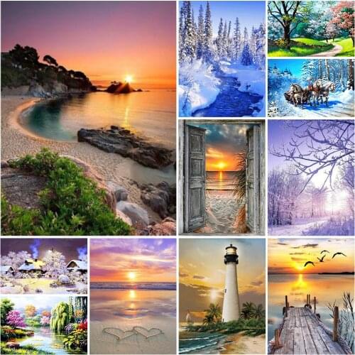 5D DIY Diamond Painting Wind and Snow Beach Scene Painting Cross Stitch Kit Mosaic Art Painting Rhinestone Home Decoration Gift