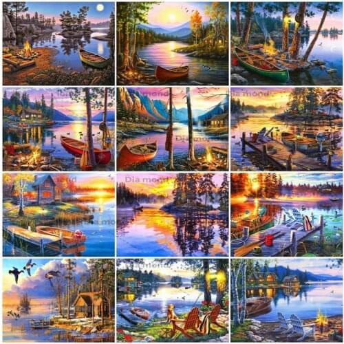 Diamond Embroidery River Landscape Mosaic Rhinestones Diamond Painting Boat Cross Stitch Needlework Handmade Home Decor Gift
